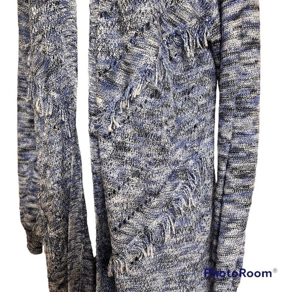 89th and Madison Cardigan Sweater Long Open Front Blue White Fringe Details - Picture 7 of 15